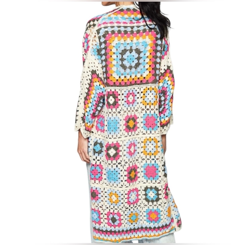 POL - One Size Fits Most Colorful Crochet Long Cardigan Sweater - Picture 2 of 3